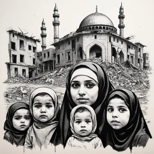 Prompt: Drawing with a black marker pen, the face of a man and the faces of children and women wearing an Islamic veil, demolished houses, a demolished mosque.