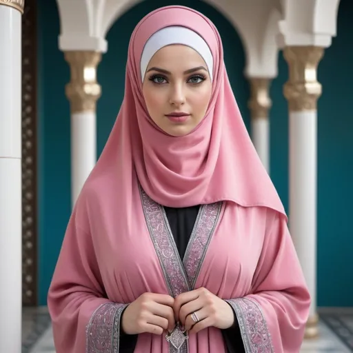 Prompt: A tall woman wears an Islamic hijab and robes. The color of the hijab is pink and the color of the robes is dark pink. The robes are studded with silver pieces, and around the veil is a silver collar, and the color of the woman’s eyes is blue The color of the shoe is white