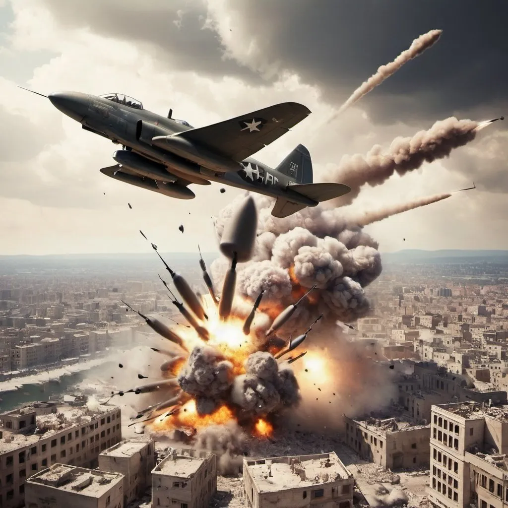 Prompt: An American fighter plane drops bombs on a city