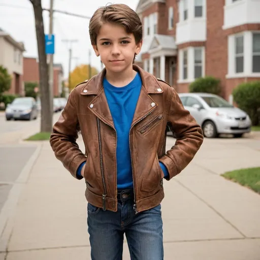 Prompt: A 12-year-old boy wearing a brown leather jacket, blue jeans, and sneakers