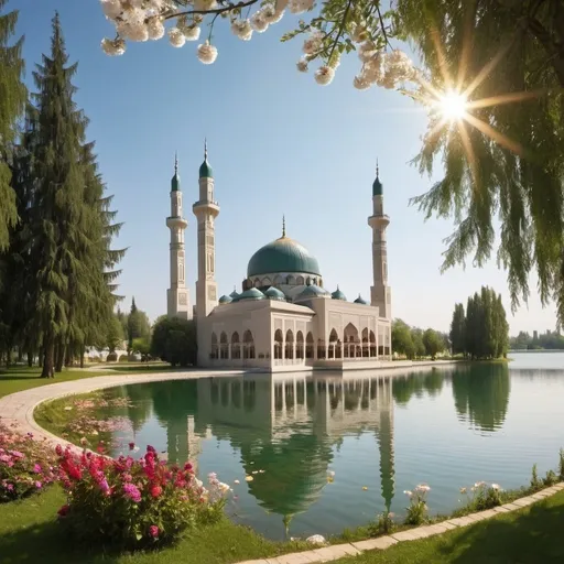 Prompt: An Islamic mosque, the sun is shining, there is a lake in front of the mosque, and there are flowers and trees