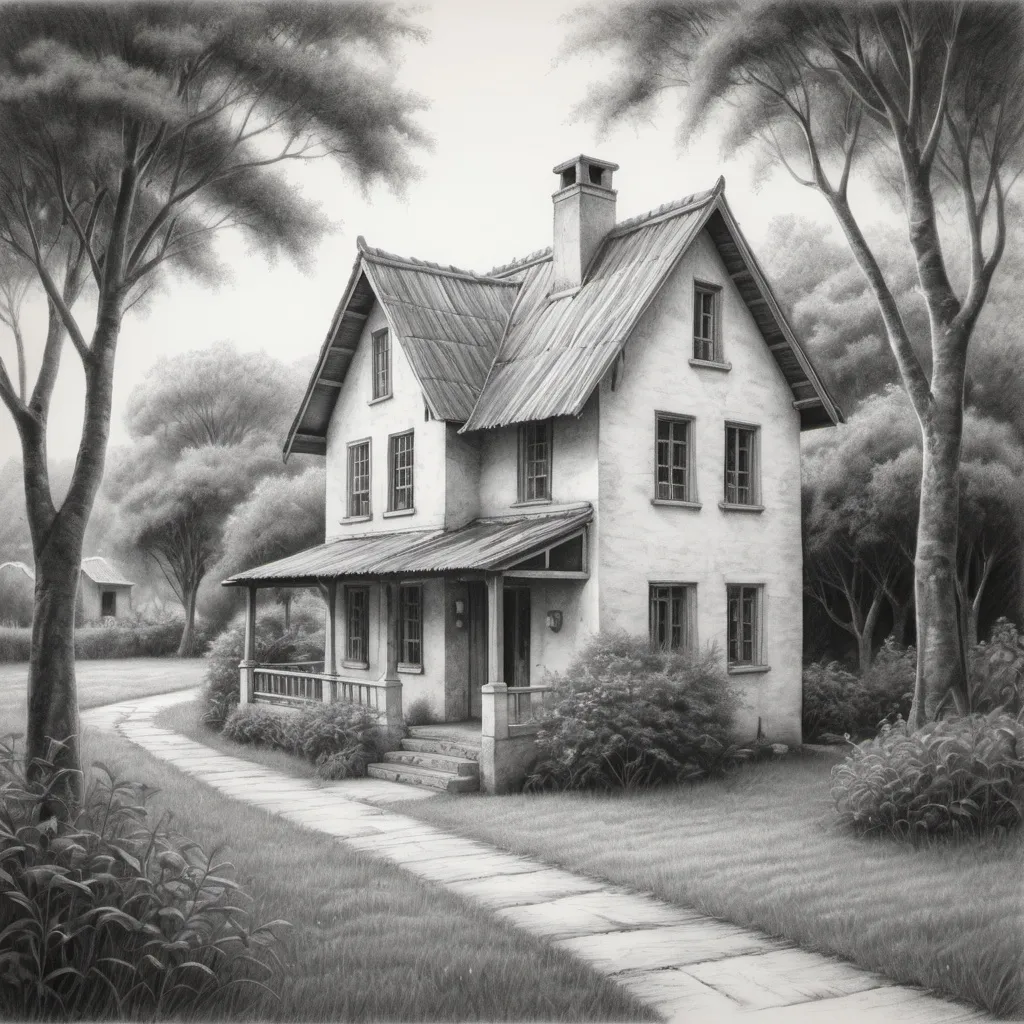 Prompt: Drawing with HB pencil of a small house surrounded by zinc trees