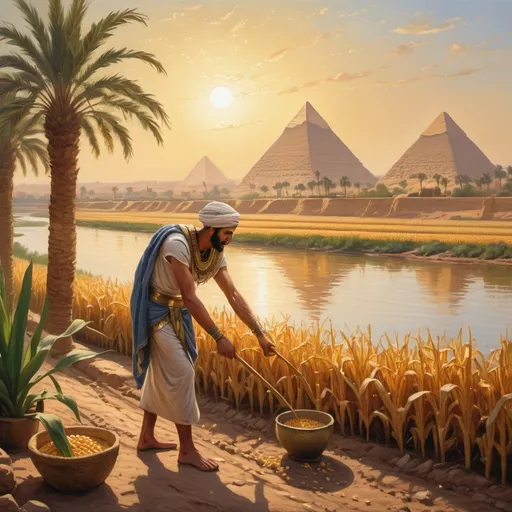 Prompt: Oil art paint *** A man dressed as an Egyptian peasant planting corn next to the Nile River, showing the pyramids from afar