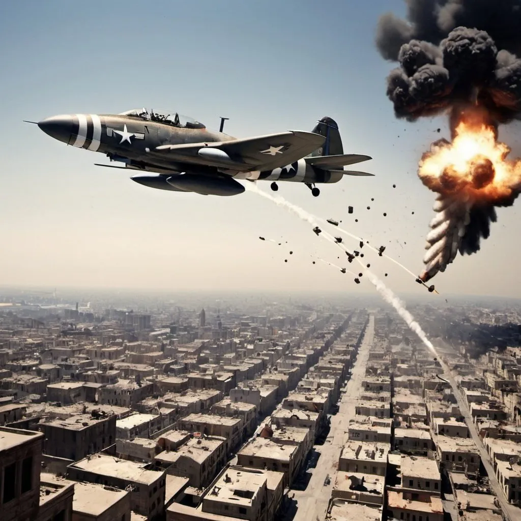 Prompt: An American fighter plane drops bombs on a city