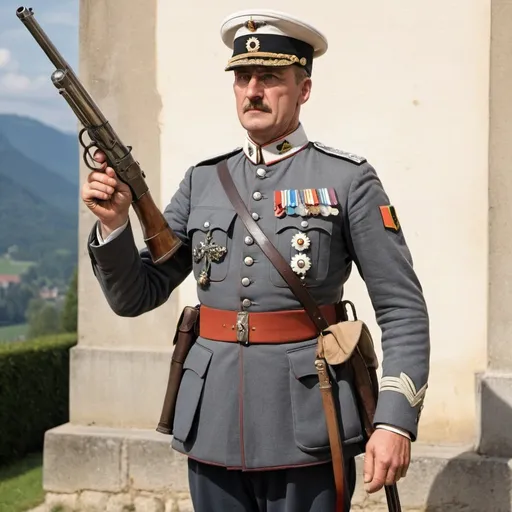 Prompt: A tall man wearing a german military uniform and holding the rank of marshal fires bullets from an English pistol and carries an Italian rifle on his shoulder.