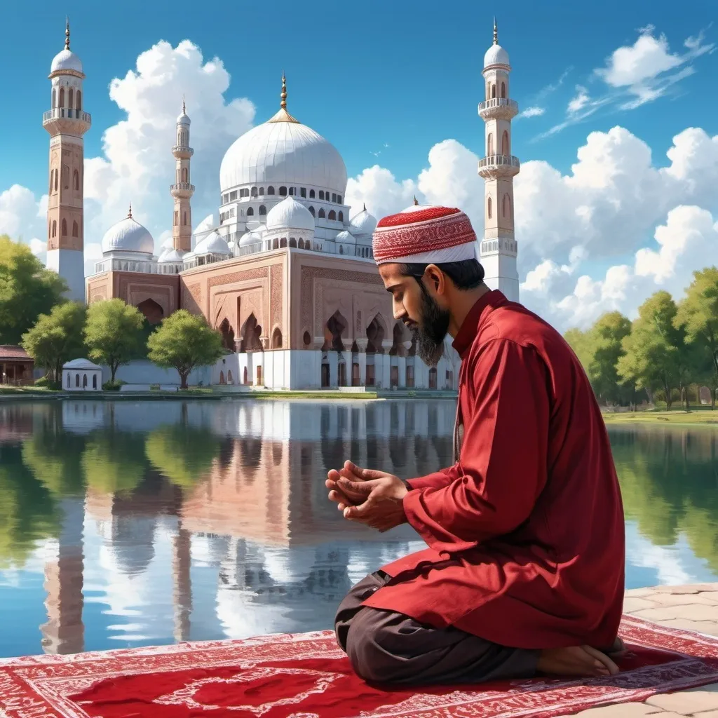 Prompt: Drawing with a red liquid ink pen *** A Muslim man praying and calling on his Lord and behind him is a mosque near a lake and the sky is bright