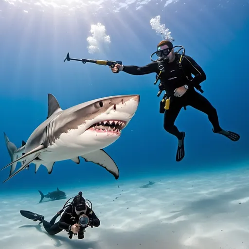 Prompt: A shark attacks a diver, but the diver shoots it with a harpoon from a diver's rifle