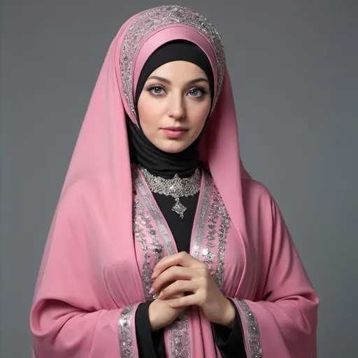 Prompt: A tall woman wears an Islamic hijab and robes. The color of the hijab is pink and the color of the robes is dark pink. The robes are studded with silver pieces, and around the veil is a silver collar, and the color of the woman’s eyes is blue.