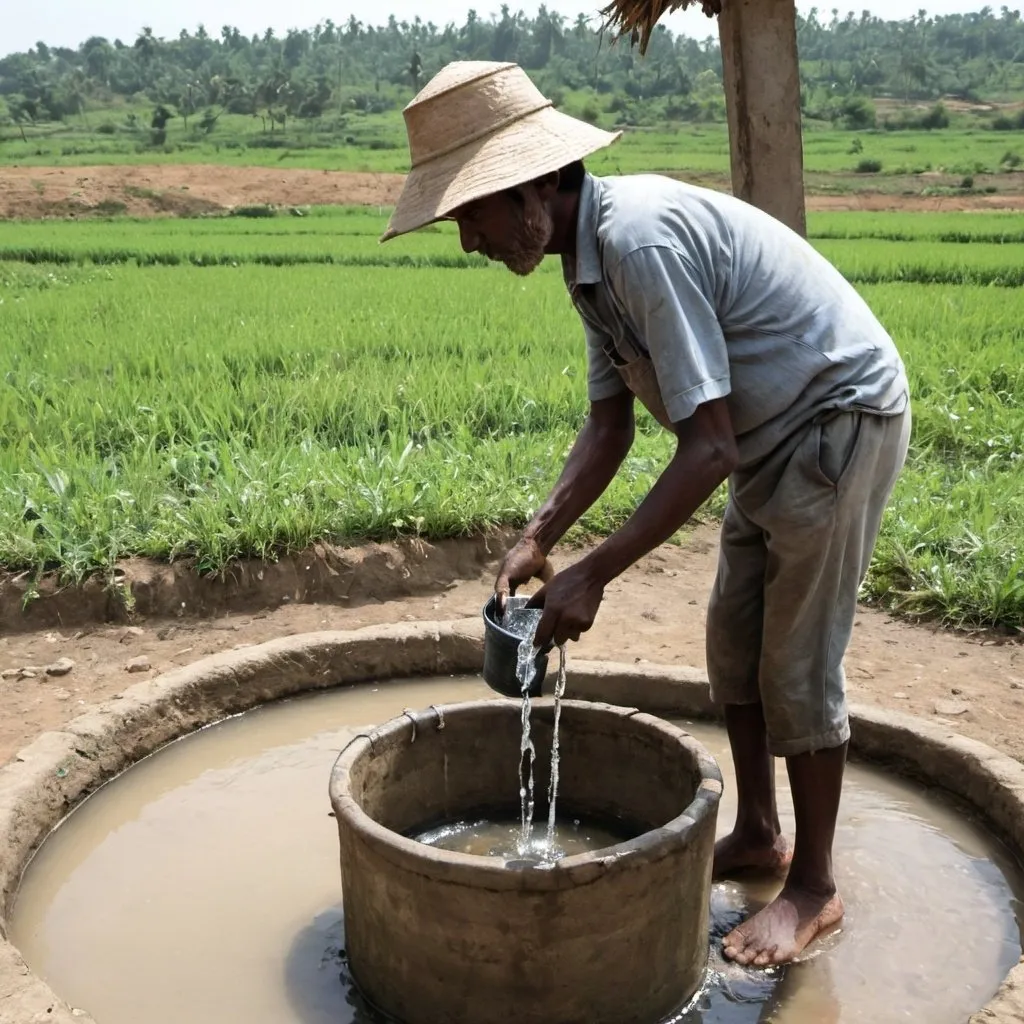 Prompt: A farmer extracts water from a well using a bucket tied with a rope