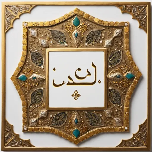 Prompt: A white square with “Raed Aleswed” written on it, surrounded by gold pieces surrounded by Persian decorations