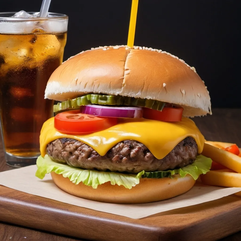 Prompt: A patty of burger in bread with vegetables on top and a slice of yellow cheese underneath. Next to the burger is a soft drink called Smart Cola.