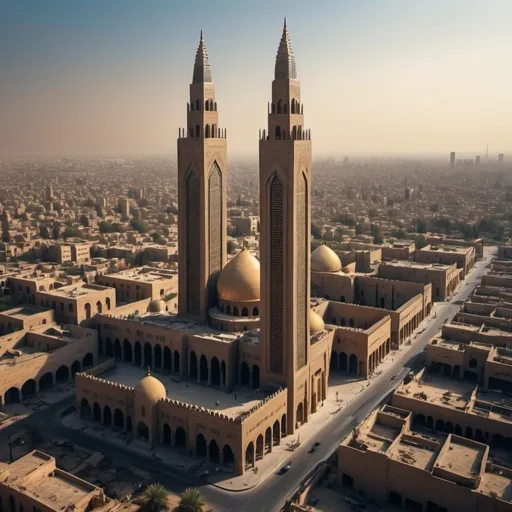 Prompt: A long rectangle extending from the ground to a length taller than the skyscraper in the middle of the old city of Baghdad