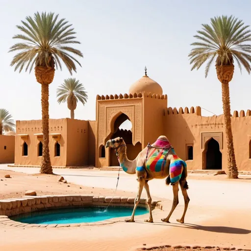 Prompt: An Arabian camel walking in the desert near old Arab houses and next to a small pool of water surrounded by palm trees
