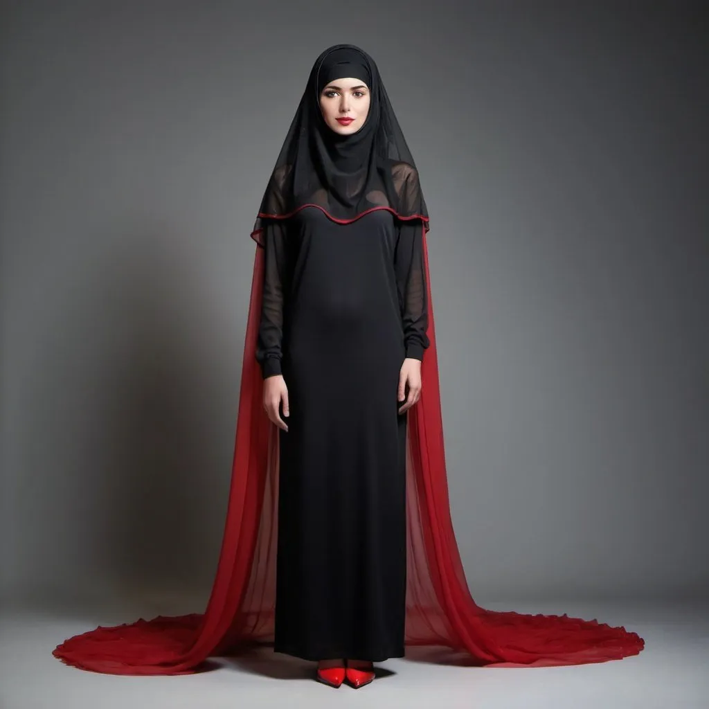 Prompt: A beautiful woman wearing a veil on her head, tall, two meters tall and weighing 70 kilograms The color of the shoes is black and the color of the dress is red