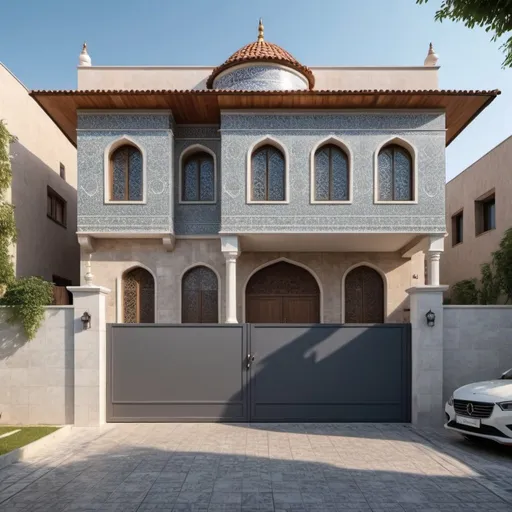 Prompt: A house with an area of ​​200 square meters and a plot of land around it with an area of ​​500 square metres. The entrance to the house has a canopy covered with tiles, and at the end of the fence there is a car garage. The windows of the house follow the Islamic heritage.
