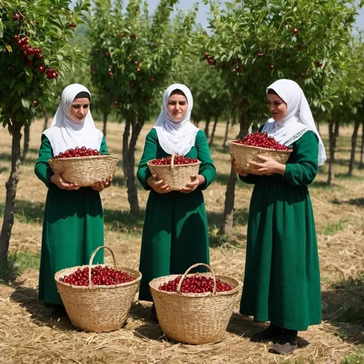 Prompt: Women dressed as Turkish farmers stand and pick green cherries  from trees and place the cherries in straw baskets.
