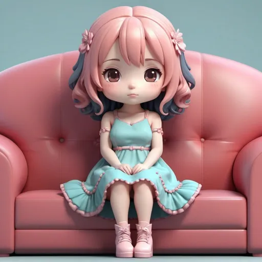 Prompt: kawaii 3D rendered, tiny cute chibi, full body, 1girl, sitting on couch, wearing dress, beautiful whimsical contrast colors