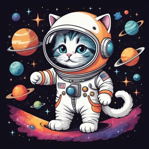 Prompt: Imagine a T-shirt design that features an adventurous cat exploring the cosmos. The cat is wearing a tiny astronaut suit and helmet, floating among vibrant, colorful planets, stars, and galaxies. Add a touch of whimsy with comets and maybe a little alien friend waving at the cat. The design should be playful, capturing the curiosity and wonder of space exploration with a cute and fun twist. Use bright, eye-catching colors to make the design pop and bring the cosmic adventure to life.