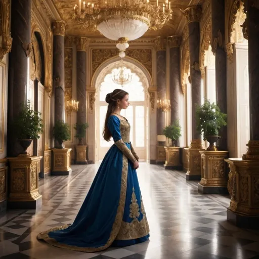 Prompt: 
"Amidst the opulent halls of the royal palace, a young lady grapples with the weight of her lineage and the whispers of courtly intrigue. Write her story as she navigates power, love, and duty in a world of regal splendor."