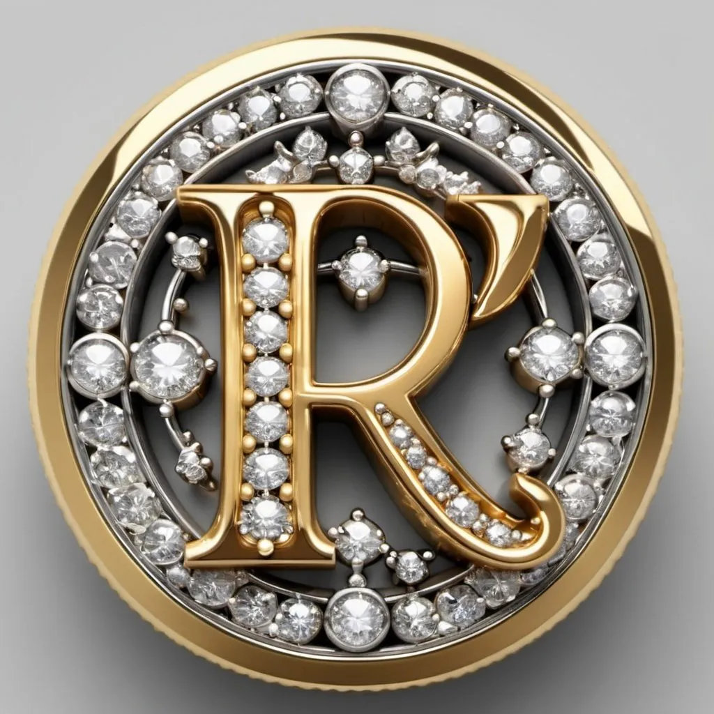 Prompt: The letter R is made of 24-karat gold, surrounded by a ring made of shiny silver, and around the ring are pure diamonds.
