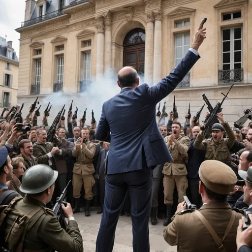 Prompt: A modern politician delivers a speech, shouting, and the audience in front of him is cheering,  and some journalists are intercepted by soldiers carrying french weapons.