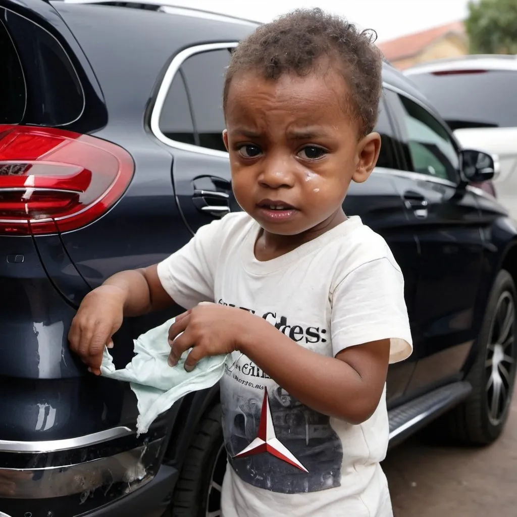 Prompt: A poor child wearing rags wipes a 2023 Mercedes car