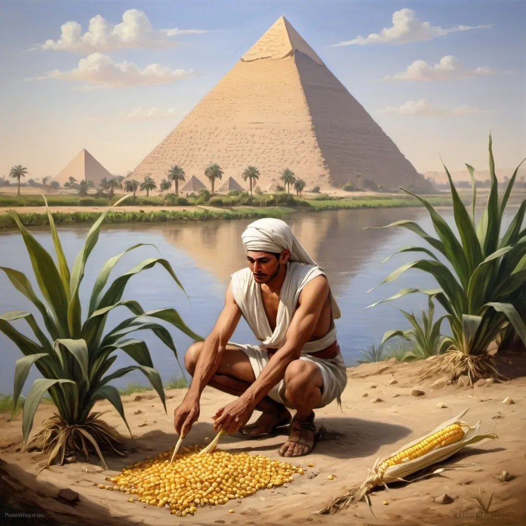 Prompt: Oil art paint *** A man dressed as an Egyptian peasant planting corn next to the Nile River, showing the pyramids from afar