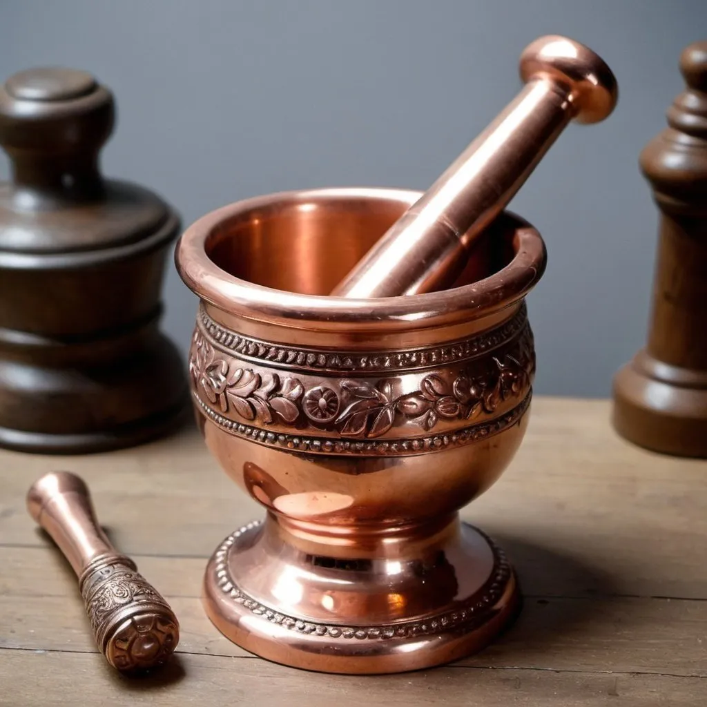 Prompt: An old pestle made of shiny copper with decorations, and the mortar handle is decorated with great craftsmanship