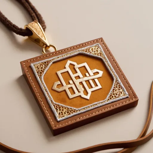 Prompt: Square logo with Abdelnasser Aleswed written on it Surrounded by a gold chain and silver pieces and surrounded by natural honey leather embroidered with brown thread