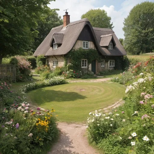 Prompt: An empty circle, from which a distant cottage can be seen. *** Around the circle are various flowers