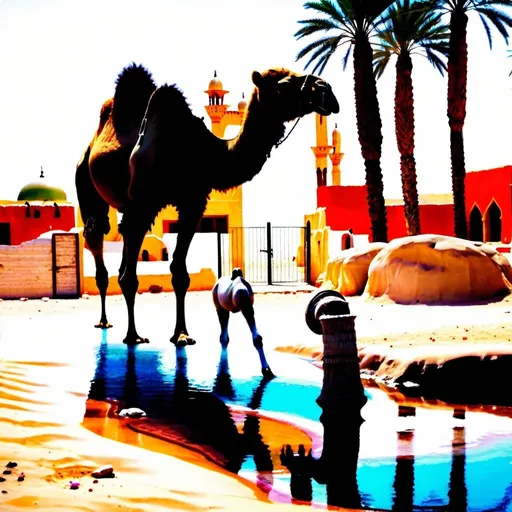 Prompt: An Arabian camel walking in the desert near old Arab houses and next to a small pool of water surrounded by palm trees