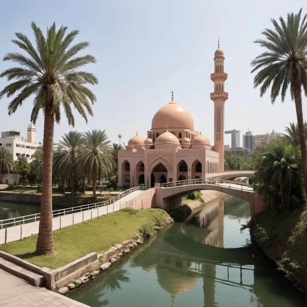 Prompt: An Islamic mosque with a river in front of it and a small pedestrian bridge above it, and around the mosque there are palm trees