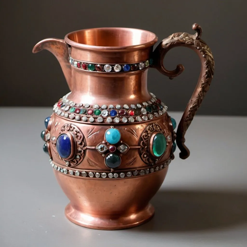 Prompt: A copper jug studded with precious stones and spanish old decorations