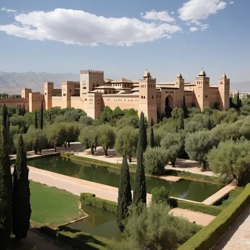 Prompt: The plateau on the left bank of the Hadara River, where the Alhambra Palace is located, extends from west-northwest to east-southeast, over an area of ​​142,000 square meters, with dimensions of 740 meters (2,430 feet) in length to 205 meters (674 feet) at its widest point. One of the most prominent landmarks is the Kasbah of the Alhambra, which is a fortress that occupies a fortified place on the plateau. The rest of the plateau is surrounded by a relatively weaker wall, with thirteen towers, some of which are for defensive purposes. On a hill next to Al-Hamra; The Generalife's Garden is the garden of the Nasrid kings. It contains pavilions and corridors surrounded by beautiful gardens watered by canals and water fountains.