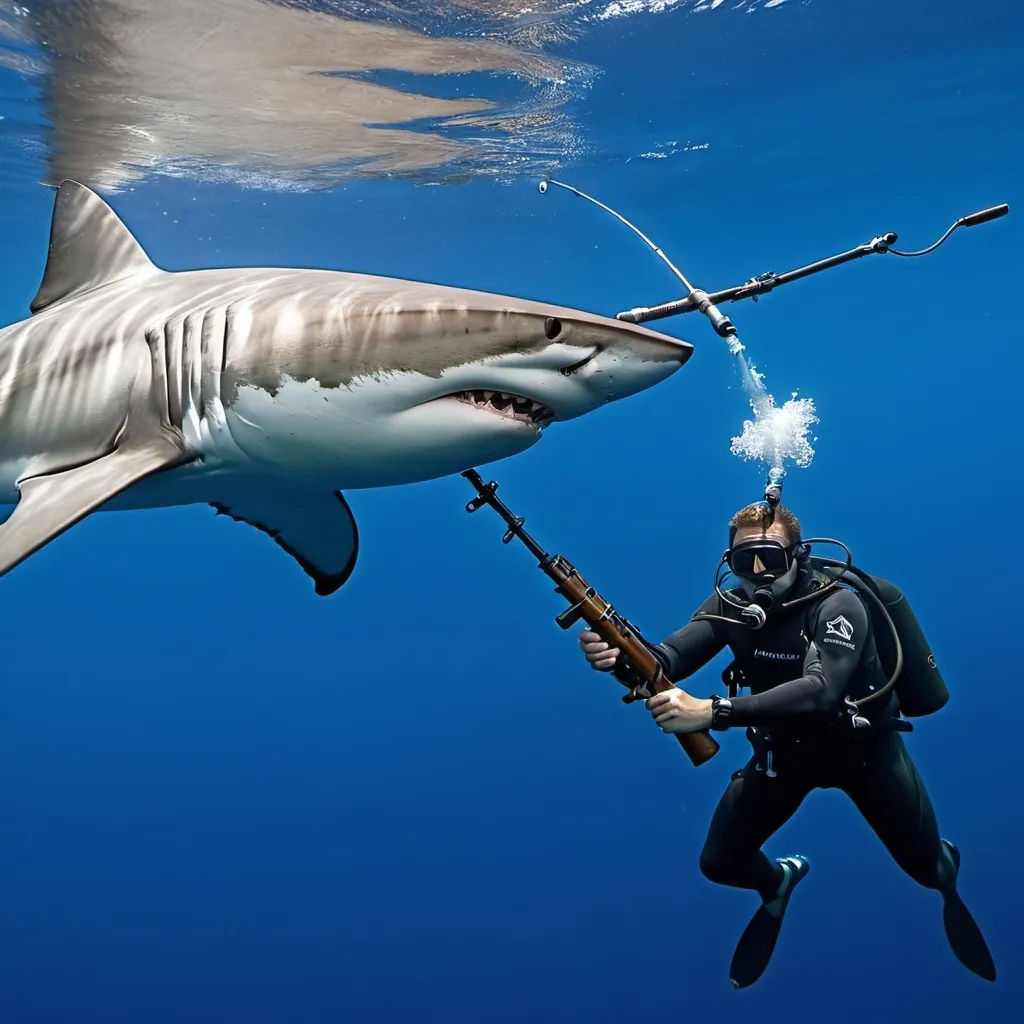 Prompt: A shark attacks a diver, but the diver shoots it with a ***harpoon*** from a diver's rifle