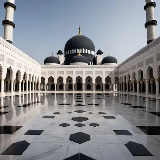 Prompt: A mosque built of black stone and white stone in sequence