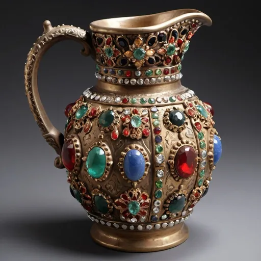 Prompt: A jug studded with precious stones and spanish old decorations