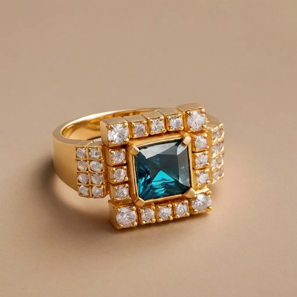 Prompt: A ring studded with a zircon stone surrounded by small squares of gold