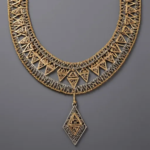 Prompt: A gold chain consisting of small rings with silver triangular pieces attached to it and containing a piece decorated with Persian motifs