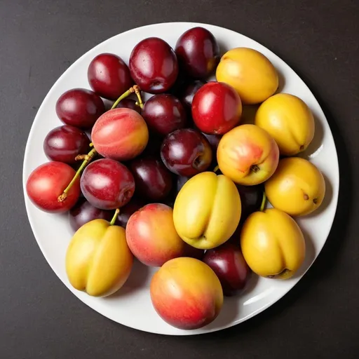 Prompt: A plate containing a quantity of yellow and red plums, cherries, mangoes, grapes, bananas and apples
