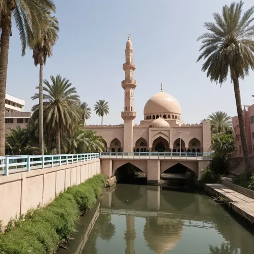 Prompt: An Islamic mosque with a river in front of it and a small pedestrian bridge above it, and around the mosque there are palm trees