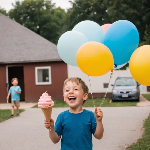 Prompt: A little boy laughing, holding 5 balloons and eating ice cream