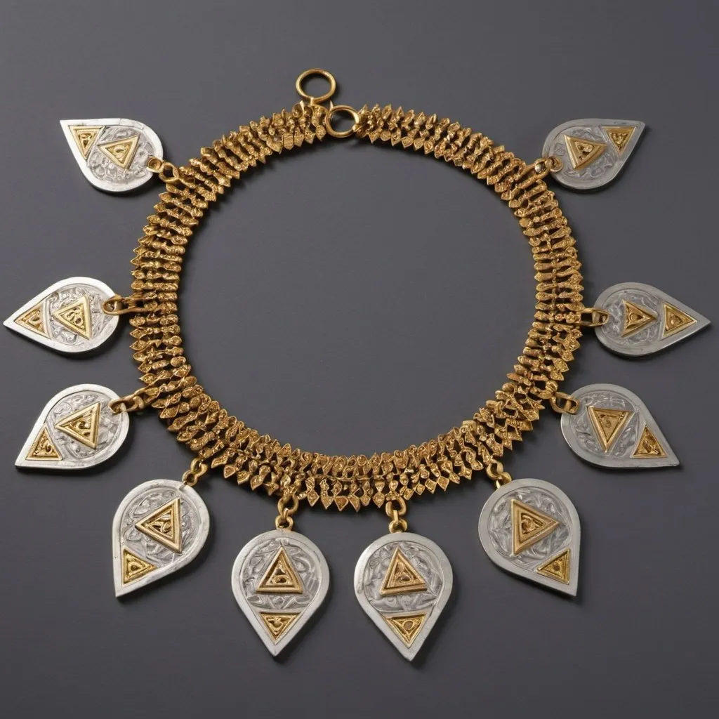 Prompt: A gold chain consisting of small rings with silver triangular pieces attached to it and containing a piece decorated with Persian motifs