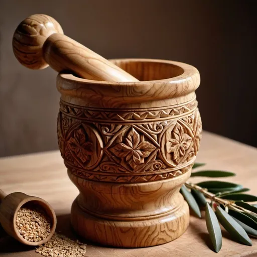 Prompt: A wooden pestle for grinding grains made of olive wood decorated with carvings