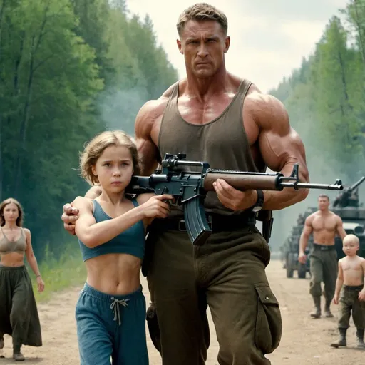 Prompt: Trailer for the movie: A man with muscular muscles holds a Russian machine gun, and behind him is a beautiful woman carrying a child. The movie is called The Brave Giant.