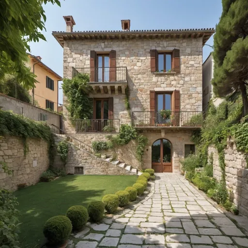 Prompt: A two-storey house surrounded by a garden and a wall covered with Italian stone
