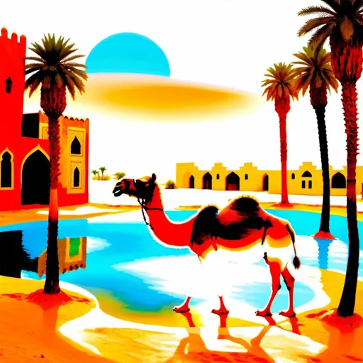 Prompt: An Arabian camel walking in the desert near old Arab houses and next to a small pool of water surrounded by palm trees