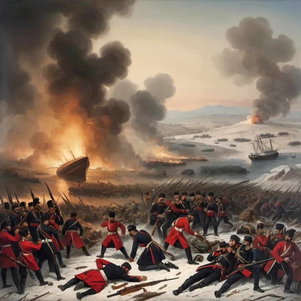 Prompt: An oil painting representing the Crimean War between Russia and the Ottoman Empire, showing the severity of the losses and the ferocity of the fighting