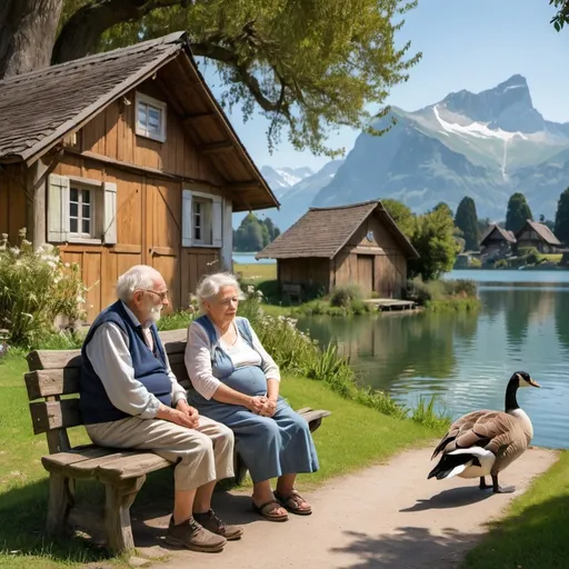 Prompt: An old man and an old woman are sitting on an old wooden bench, behind them is an old Swiss hut, and in front of them is a lake in which geese swim, and around them are oak and eucalyptus trees.