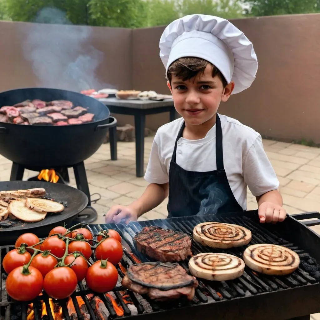 Prompt: A boy , is grilling meat over burning charcoal, wearing a chef's hat, and in front of him is a table with tomatoes, grilled onions, chopped parsley, and Arabic bread.